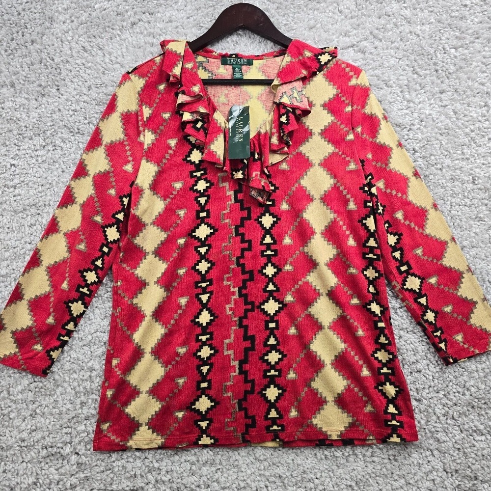 Lauren Ralph Lauren Southwestern Ruffle Top Womens XL Red‎ Geometric 3/4 Sleeve